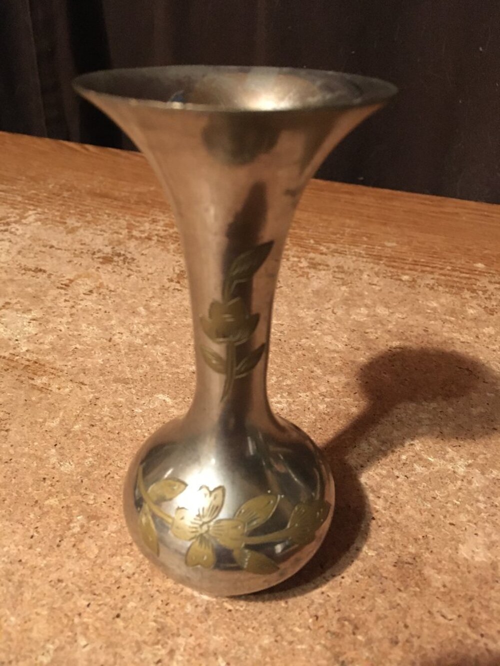 VINTAGE SILVER BRASS ETCHED FLOWER BUD VASE INDIA 5" FLOWERS LEAVES